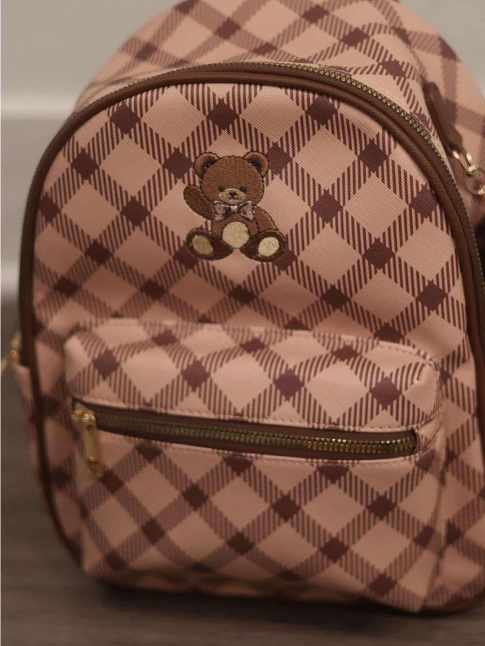 LD Teddy Bear Plaid Mini Backpack Pink Brown Convertible Bag Pom Pom NWT
